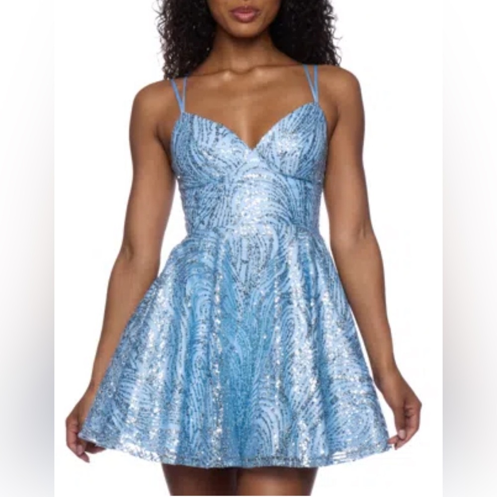 B Darlin Juniors' Lace Sweetheart Double-Strap Blue Dress